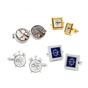 best selling novelty alloy chrome fashion cuff link functional movement clock watch cufflink tie bar