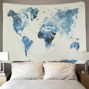Tapeçaria abstrata do mapa do mundo da aquarela azul, tapeçaria de pintura, tapeçaria de parede, arte para pendurar na sala, quarto, dormitório, decoração da casa