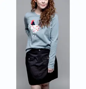 Sweter rajut wanita bordir ayam jantan Applique kualitas tinggi 100% katun