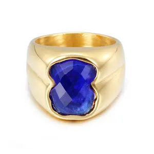 Anillo de boda de acero inoxidable con diseño de oso dorado, joyería fina, cristal azul