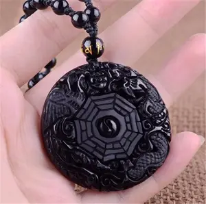 Amuletos y talismanes Natural obsidiana negra collares y colgantes tallada chino Yin Yang Bagua Zhen Dragon Phoenix