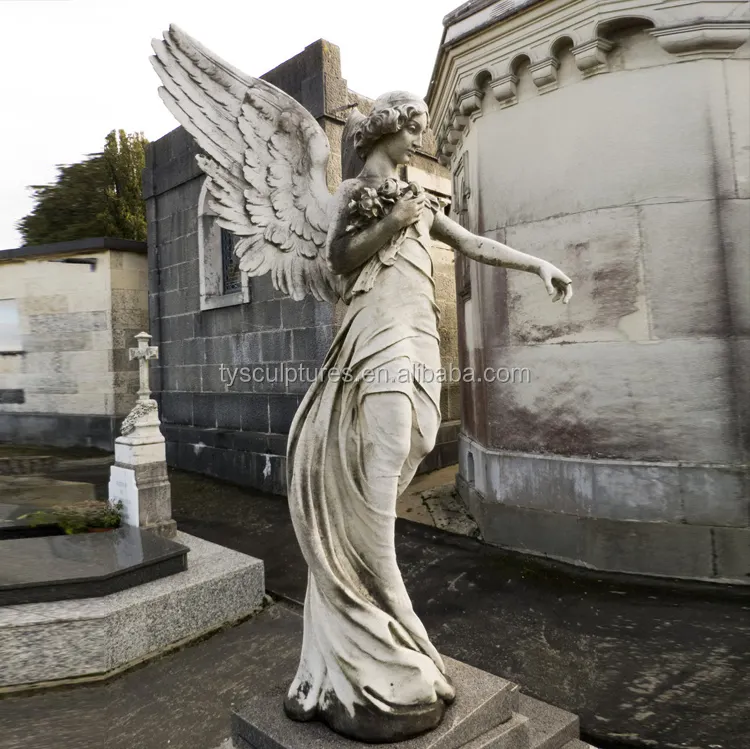 Cemetery decorative famous stone standing winged angel statues with flowers