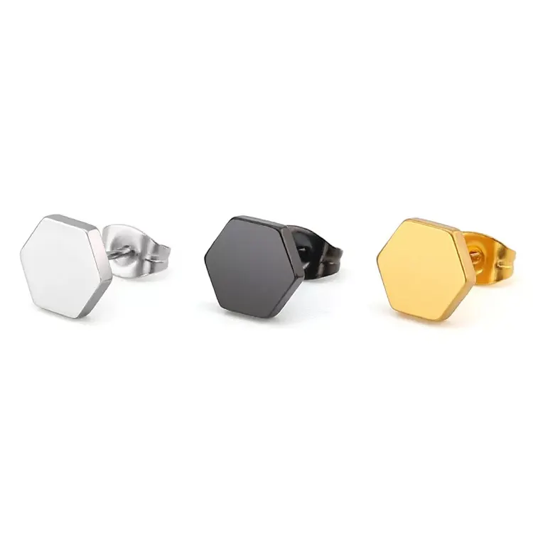 Men Stainless Steel Small Hexagon Stud Earrings Unisex