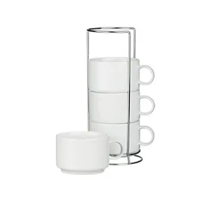 Tazas de café apilables, porcelana blanca, 250ml, con estante