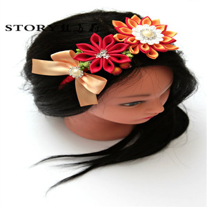Corona di Fiori Fatta a Mano per Bambina Giapponese, Tiara <span class=keywords><strong>Rossa</strong></span> e Arancione per Matrimonio, Fiocco Tsumami Kanzashi, <span class=keywords><strong>Fascia</strong></span> per Capelli - Product Image 2