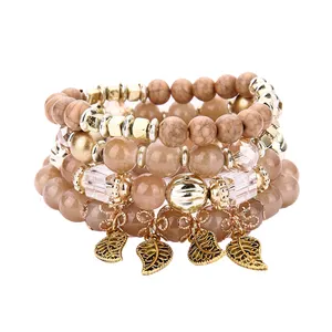 Bohemian 4 Cái/bộ Bracelet Phụ Kiện Kim Loại Lá Charm Crackle Milky Hạt Stretch Boho Bracelet Đối Với Phụ Nữ