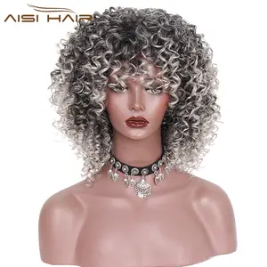 Aisi Hair Wholesale Cheap Price Short Kinky Curly Hair Wigs Synthetic Ombre Grey Color Wigs Heat Resistant Synthetic Wig