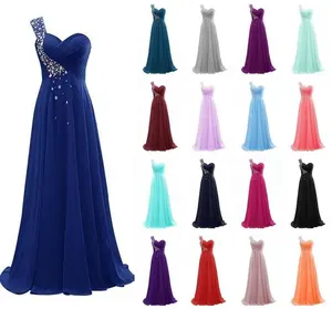 Длинные женские шифоновые платья на одно плечо с бисером, большие размеры, дешевые платья для подружек невесты, оптом, желтые, белые, бордовые, синие, фиолетовые