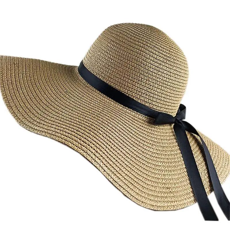 Sombrero de playa de ala ancha para mujer, sombrero de sol con lazo, sombrero de paja plegable para verano