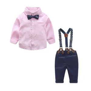 Wholesale 2pcs gentle kids clothes set for boys long sleeve shirt top suspender pants