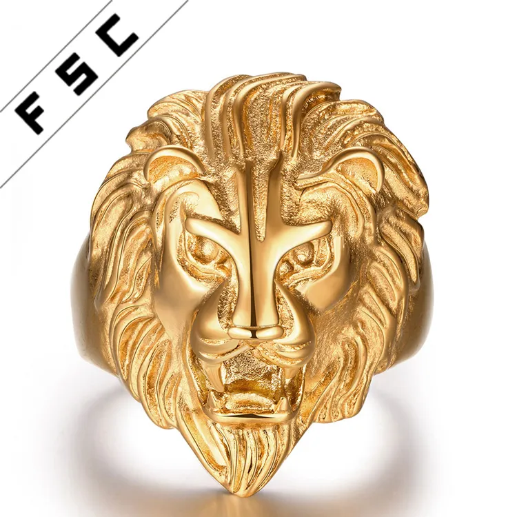 Hip-hop Stainless Steel Gold Plated Lion Shaped Men Rings Jewelry