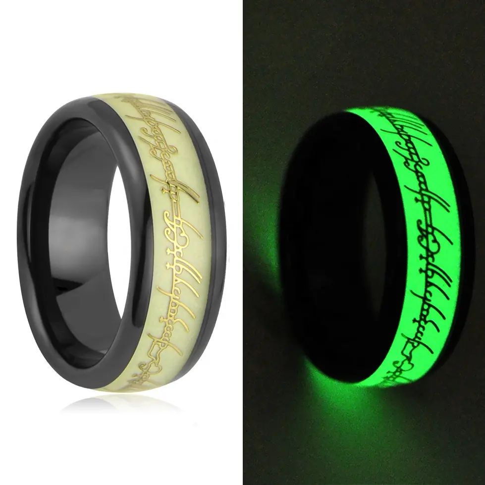 緑の蛍光発光黒タングステン結婚指輪暗闇で光る