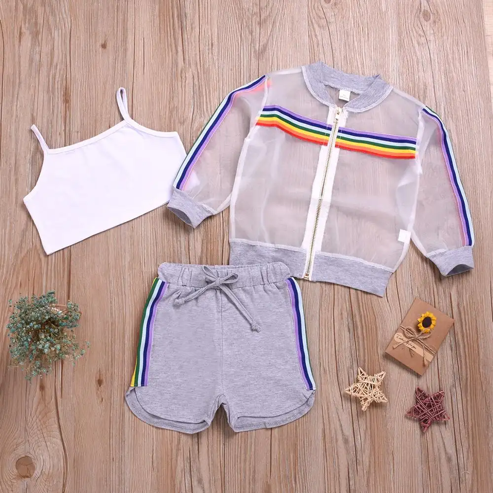 Kleinkind Mädchen 3 Pcs Outfit Set Langarm Transparent Organza Regenbogen Mantel + Weiße Weste + Shorts Kind Mädchen Sport kleidung Set