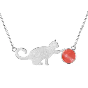 Großhandel benutzer definierte Naturstein Anhänger Halsketten S925 Sterling Silber spielen Katze für Geschenk feinen Schmuck entworfen