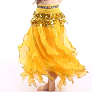 Дешевая Женская юбка для восточных танцев, длинная шифоновая юбка для танца живота с золотой отделкой