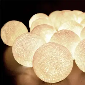 Lampu Peri Tenaga Baterai LED, Lampu Hias Natal, Dekorasi Pohon Lentera, Lampu Tali Bola Katun, Baterai LED