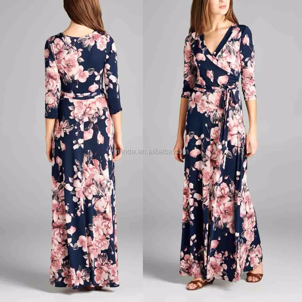 Online Shopping Sexy Women Long Sleeve 95% Polyester / 5% Spandex Floral Surplice Maxi Kaftan Dress