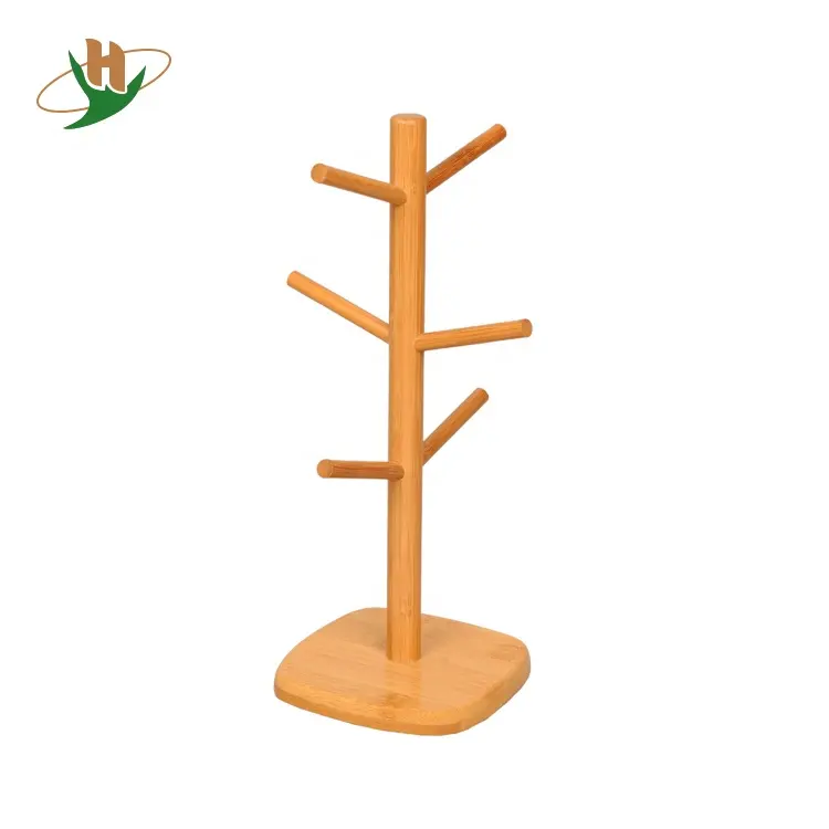 Natural living bamboo cup holder wood coffee mug tree stand with 6 storage hooks