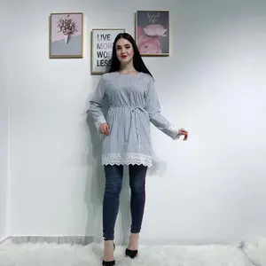 2019 دبي أزياء المرأة قمم مع الرباط تريم مخطط مسلم تركيا السيدات الفتيات بلوزة