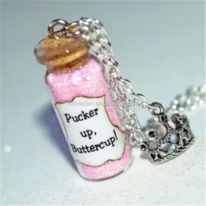 Pucker Up Buttercup glass Bottle Necklace with a Tiara Charm Charlotte, The Princess and the Inspired necklace