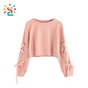 Sudadera Corta de Moda para Mujer, Color Sólido, Manga Larga, con Cordones y Ojales - Product Image 2