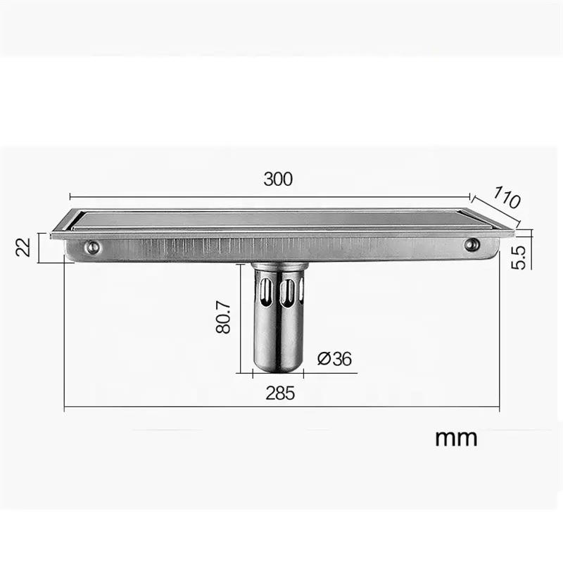 Bathroom Invisible Shower Floor Drain 304 Solid Stainless Steel 300 X 110mm Square Anti-Odor Floor Drain