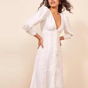 Nuovo Arrivo di <span class=keywords><strong>Lino</strong></span> Bianco Profondo Scollo A V A Maniche Lunghe UNA Linea Montato <span class=keywords><strong>Midi</strong></span> Dress - Product Image 5