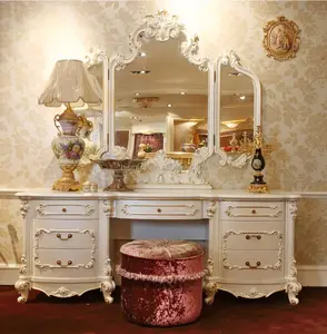 거울/낭만주의 백색 새기는 허영 드레서 테이블 세트/자주색 침실 세트를 가진 프랑스 고전적인 나무로 되는 드레싱 메이크업 테이블