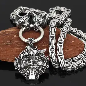 JY014 Kalung Liontin Kepala Serigala Nordic Prajurit Viking Odin Gagak Celtic Perhiasan Pria Populer Rantai Sweater Panjang