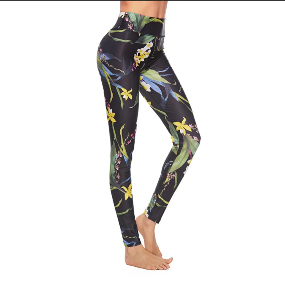 New Green Leaf Flower Digital Print Thin High Waist Sports Yoga Pants