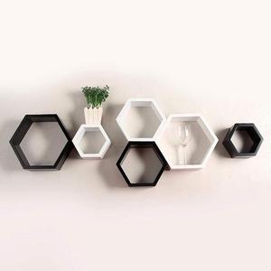 6 قطعة جبل السداسي الشكل MDF رف جدار ، أبيض وأسود - Product Image 3