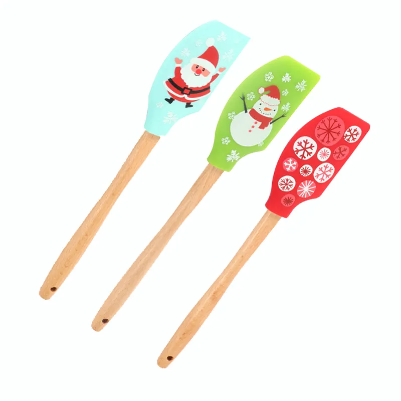 Kustom Grosir Natal Terbaik Ekstra Besar Dapur Tahan Panas Kue Krim Silicone Spatula dengan Gagang Kayu Desain