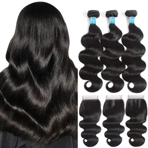 10A Grade Body Wave Tanpa Shedding Tidak Kusut Rambut Bundel dengan Closure,3 Bundel Bundel Rambut Manusia Brasil dengan Closure