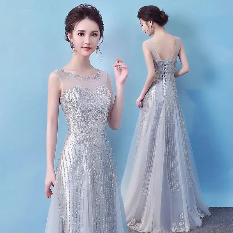 ZH1522X 2019 Elegant Hollow Sexy evening gowns sleeveless lace chiffon dress backless bandage bridesmaids dress