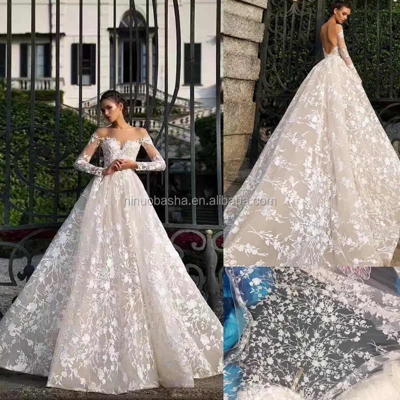 Nw1211 vestido de casamento elegante, vestido de casamento com renda romântico, de ombro fora, mangas compridas