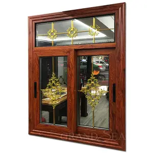 Luxury Flower Grill Decorative Wood Grain Aluminum Sliding Window Design