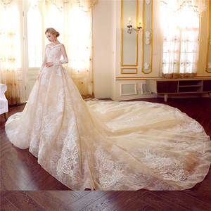 <span class=keywords><strong>Abiti</strong></span> da Sposa di Lusso Eleganti in Organza Champagne con Applicazioni in Pizzo, Gonna a Palloncino, Strascico Cattedrale, Maniche Lunghe 2025 WF045 - Product Image 2