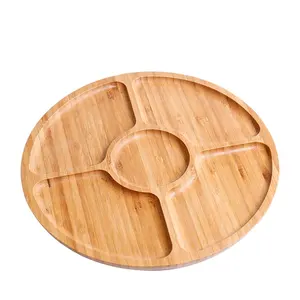 5 scomparti rotondo personalizzato a buon mercato frutta secca legno bambù divisore snack piatto da portata, noci di bambù vassoio da portata