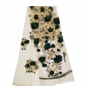 花柄刺繍ダークブルーガーナレース生地アフリカ輝く結婚式 - Product Image 1