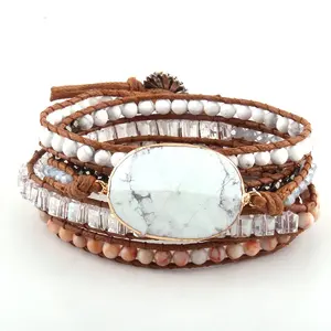 Pulseira de couro feminina, bracelete de couro artesanal com pedras naturais, pingente de cristal, 5 fios, dropshipping
