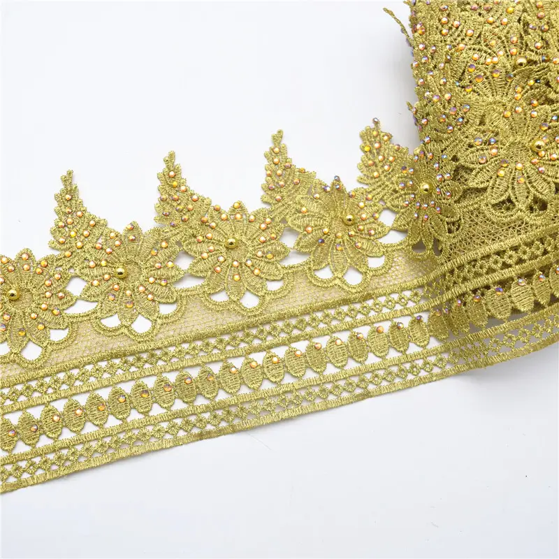 Adorno de encaje bordado de guipur dorado para decoración de ropa, novedad