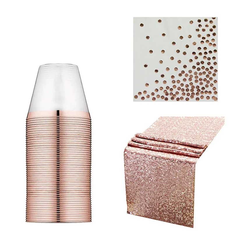 Vasos de plástico de oro rosa de 9 oz servilleta de oro rosa Premium con camino de mesa, vasos de plástico para fiesta de boda para fiesta de decoración de boda