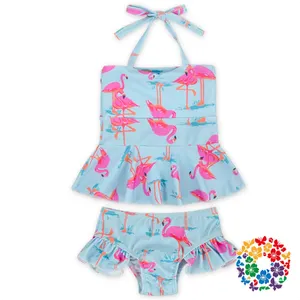Летние гофрированные детские купальные костюмы с рисунком фламинго, новые детские купальники для девочек