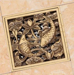 Antique Brass Creative Dual Fish Carved Grate Waste Strainer Square 10cm Bathroom Floor <strong>Drain</strong> <strong>Cover</strong> - Product Image 3