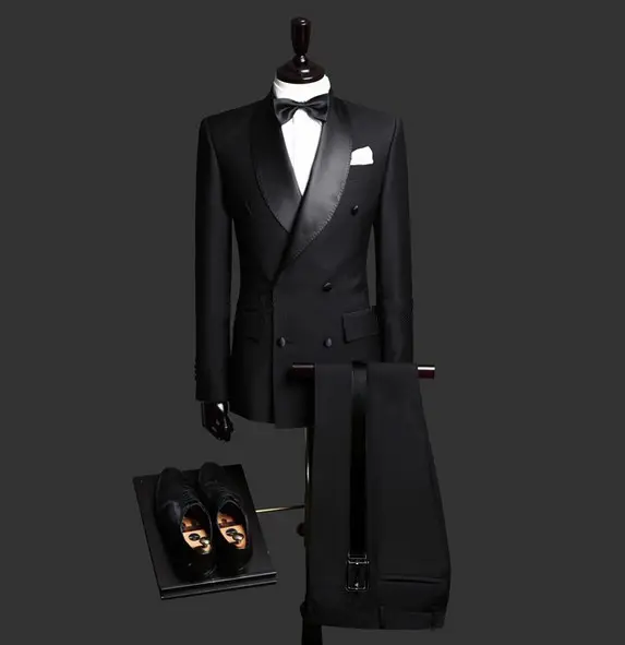 أسود الأعمال الرسمي معطف بانت الرجال شال طية صدر السترة مزدوجة الصدر مكتب اللباس البدلة WF038