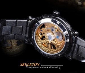 Forsining-reloj de lujo para hombre, reloj masculino automático Retro con diseño de flor real, esqueleto dorado, punteros negros, de acero inoxidable - Product Image 4