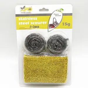 Value kitchen cleaning set contain 2pcs stainless steel scourer and 2pcs PET mesh sponge scourer double-sided scrub