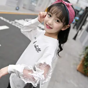 Girls' Autumn Outerwear Striped Lace Hollow Embroidered Bottoming Shirt Long Sleeve White Letter T-shirt Cotton Children Top