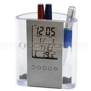 数字时钟温度计屏幕办公桌举行玻璃瓶笔容器日历