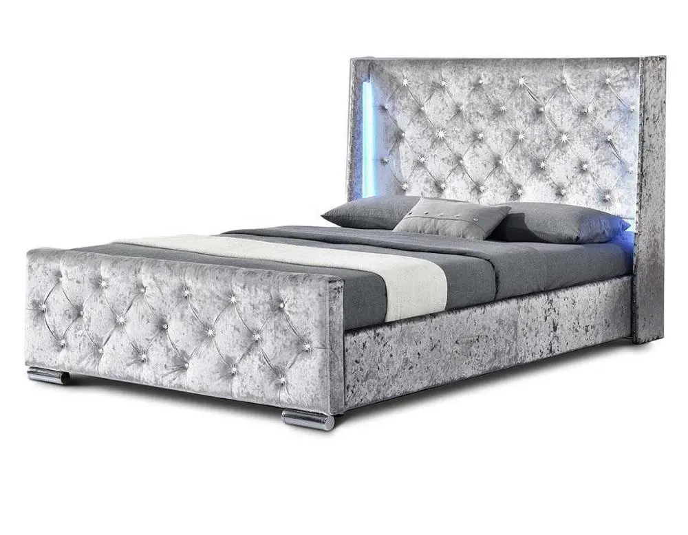 Dorchester LED Crushed Silver Velvet Bed Frame LED Lights Winged Diamante Headboard Fabric Bed Frame